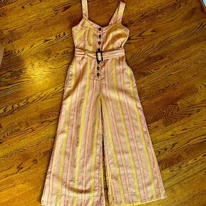 ANTHROPOLOGY MULTICOLORED FLARE LEG JUMPSUIT, ADJUSTABLE BUTTON STRAPS-SIZE 00P